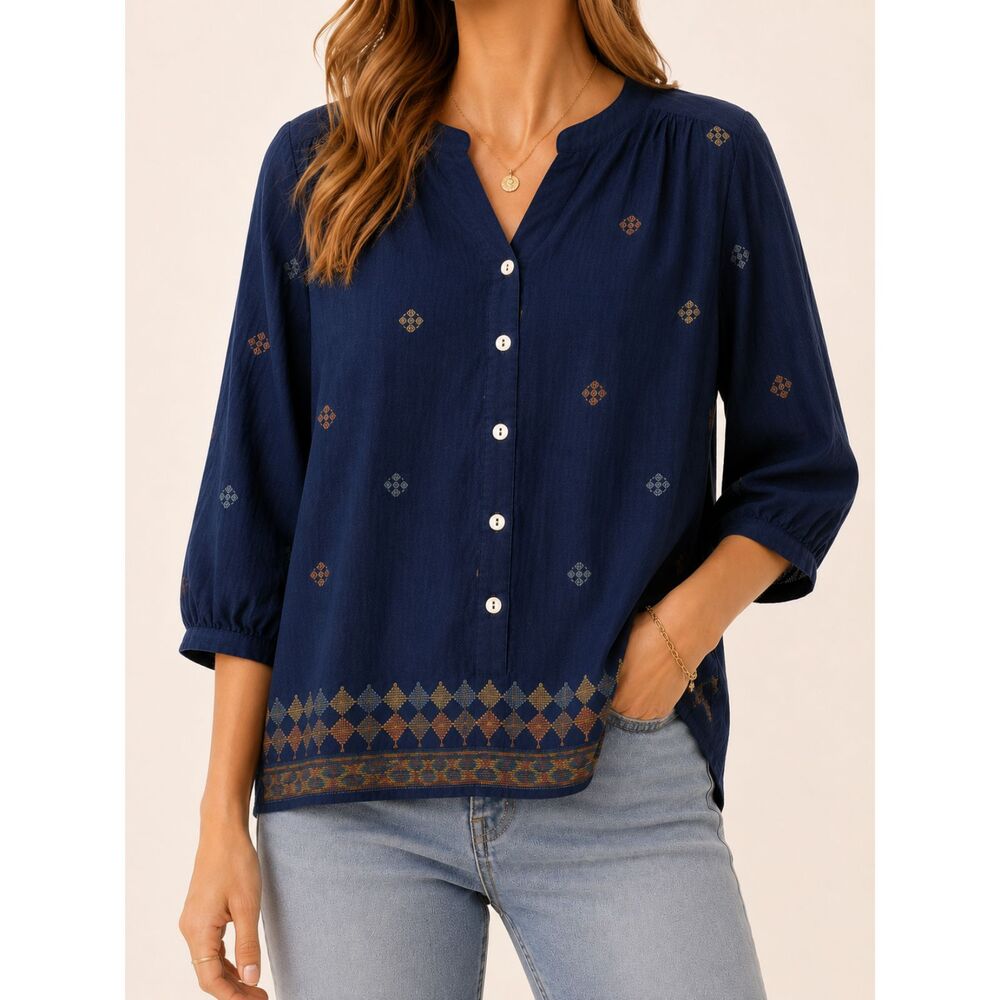 Figueroa & Flower Embroidered Boho Blouse Navy Hi Low Button Front Size S
